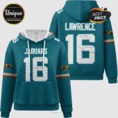 Jaguars #16 Lawrence Hoodie. Teal quilted pattern, jaguar shoulder emblems, front and back graphics.!
