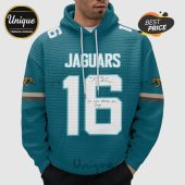 Teal hoodie with Jaguars jersey design, number 16 and signature on front, sleeve stripes, and jaguar logo.!