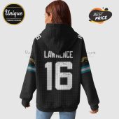 Black hoodie with Lawrence and number 16 on the back, with teal and white stripes on sleeves.!