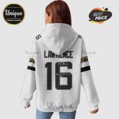 White hoodie with 'Lawrence' and number 16 design, Jaguars themed, back view.!