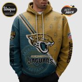 Jacksonville Jaguars Hoodie featuring team logo, name, and NFL branding on a gold and teal quilted background.!