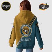 Jacksonville Jaguars hoodie featuring the team logo and 'Go Jags' text on a gold and teal design.!