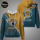 Jacksonville Jaguars hoodie with team logo and colors, showcasing front and back designs.!
