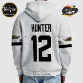 Hunter 12 text and number printed on a white hoodie with sleeve stripes and animal graphic.!
