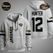 White Jacksonville Jaguars hoodie with custom name 'HUNTER' and number '12' on the back.!
