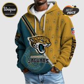 Jacksonville Jaguars full-print hoodie featuring team logos and colors, with waffle texture.!