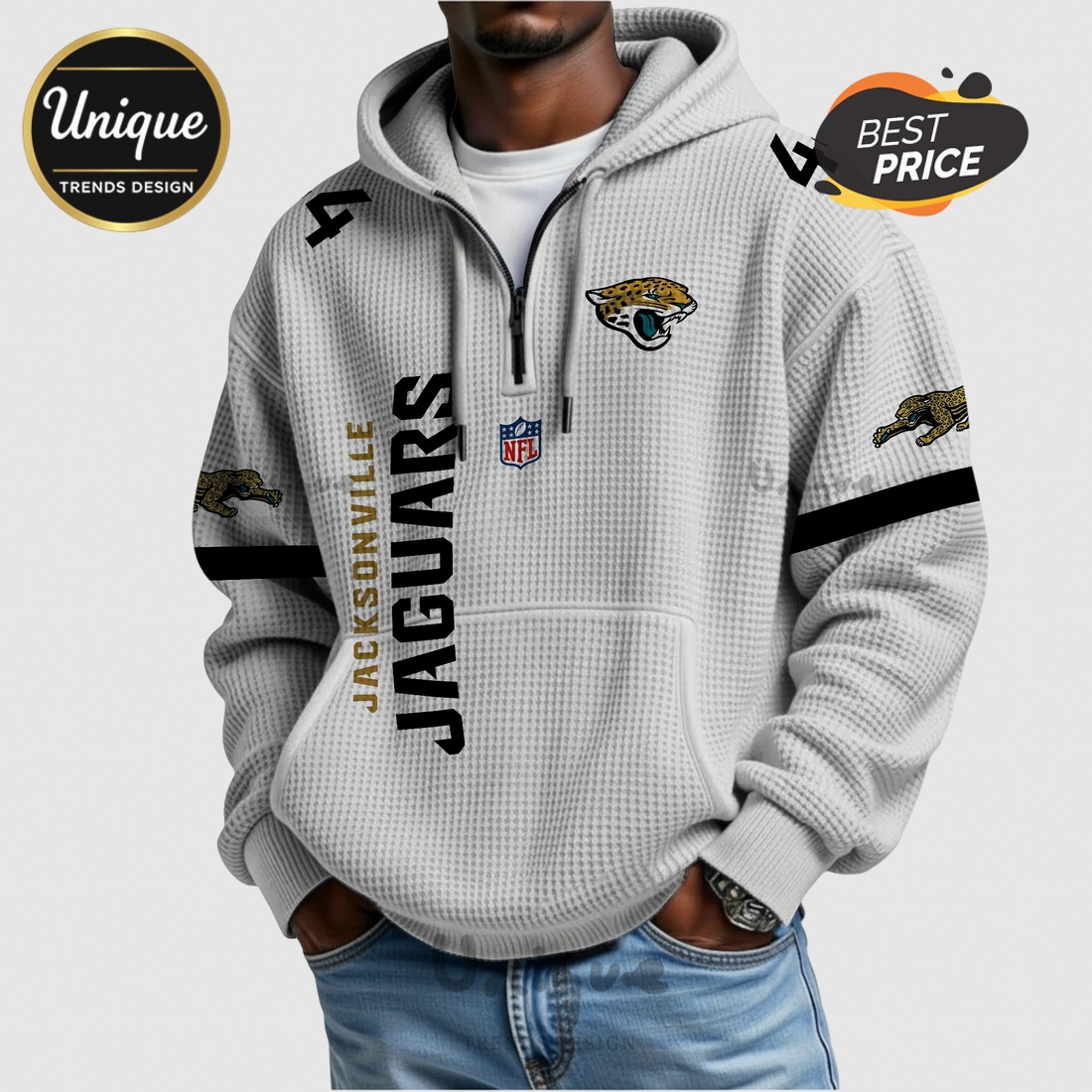 Jacksonville Jaguars NFL Walker 44 Player Waffle Quarter-Zip Hoodie Jacksonville Jaguars NFL Walker 44 Player Waffle Quarter-Zip Hoodie