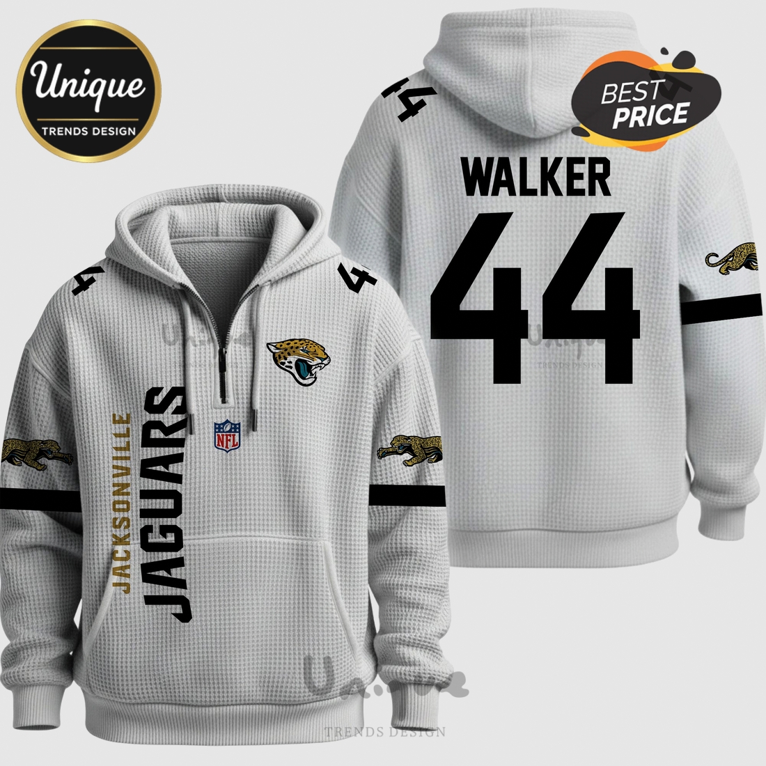 Jacksonville Jaguars NFL Walker 44 Player Waffle Quarter-Zip Hoodie Jacksonville Jaguars NFL Walker 44 Player Waffle Quarter-Zip Hoodie