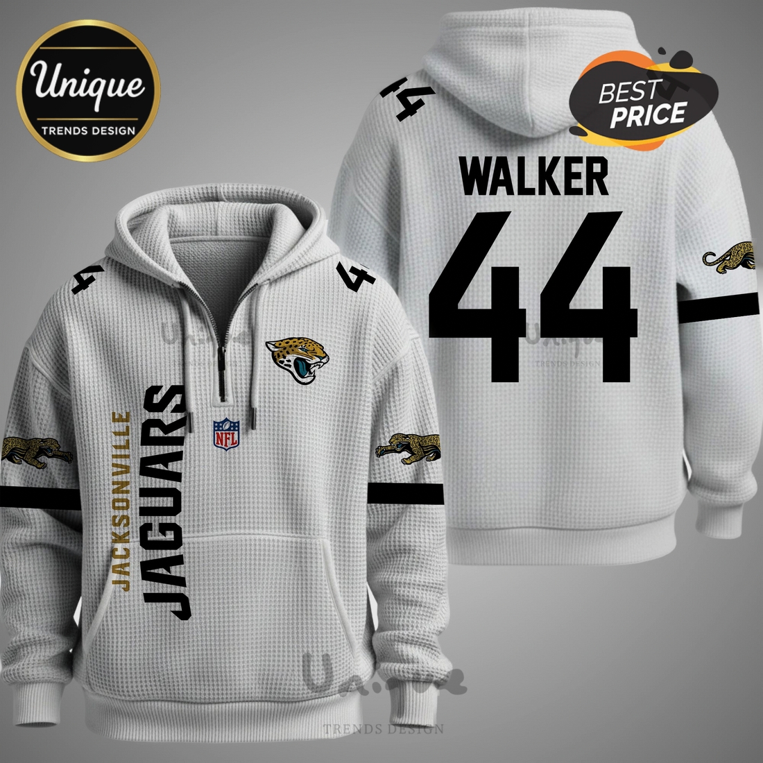 Jacksonville Jaguars NFL Walker 44 Player Waffle Quarter-Zip Hoodie Jacksonville Jaguars NFL Walker 44 Player Waffle Quarter-Zip Hoodie