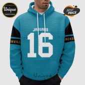 Jacksonville Jaguars hoodie with number 16 and Jaguars text, blue grid pattern and black shoulder patches.!