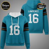 Jacksonville Jaguars themed hoodie with Lawrence and number 16. Features black and gold sleeve accents.!