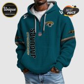 Jacksonville Jaguars teal waffle hoodie featuring team logos and the text 'Jacksonville Jaguars'.!