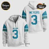 White hoodie with teal accents, featuring
