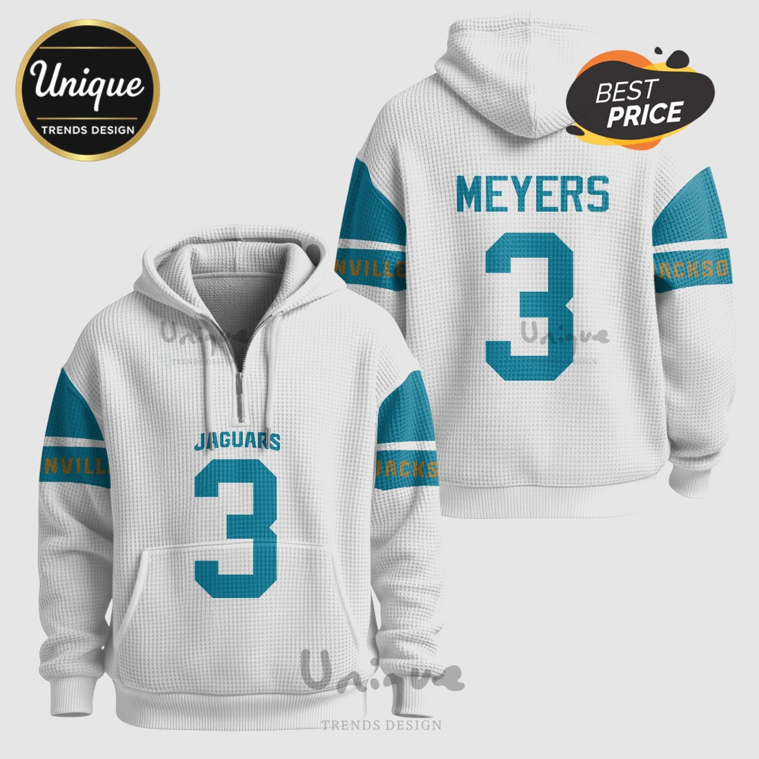 Jakobi Meyers Jacksonville Jaguars 3 NFL Quarter Zip Waffle Hoodie Jakobi Meyers Jacksonville Jaguars 3 NFL Quarter Zip Waffle Hoodie