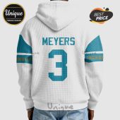 Back of white hoodie with 'MEYERS' and the number '3' in blue, with teal and gold accents.!