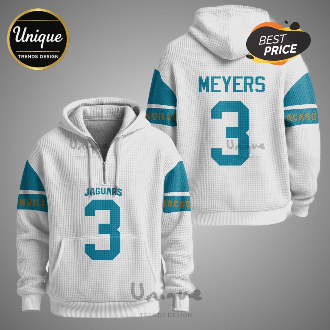 Jakobi Meyers Jacksonville Jaguars 3 NFL Quarter Zip Waffle Hoodie Jakobi Meyers Jacksonville Jaguars 3 NFL Quarter Zip Waffle Hoodie