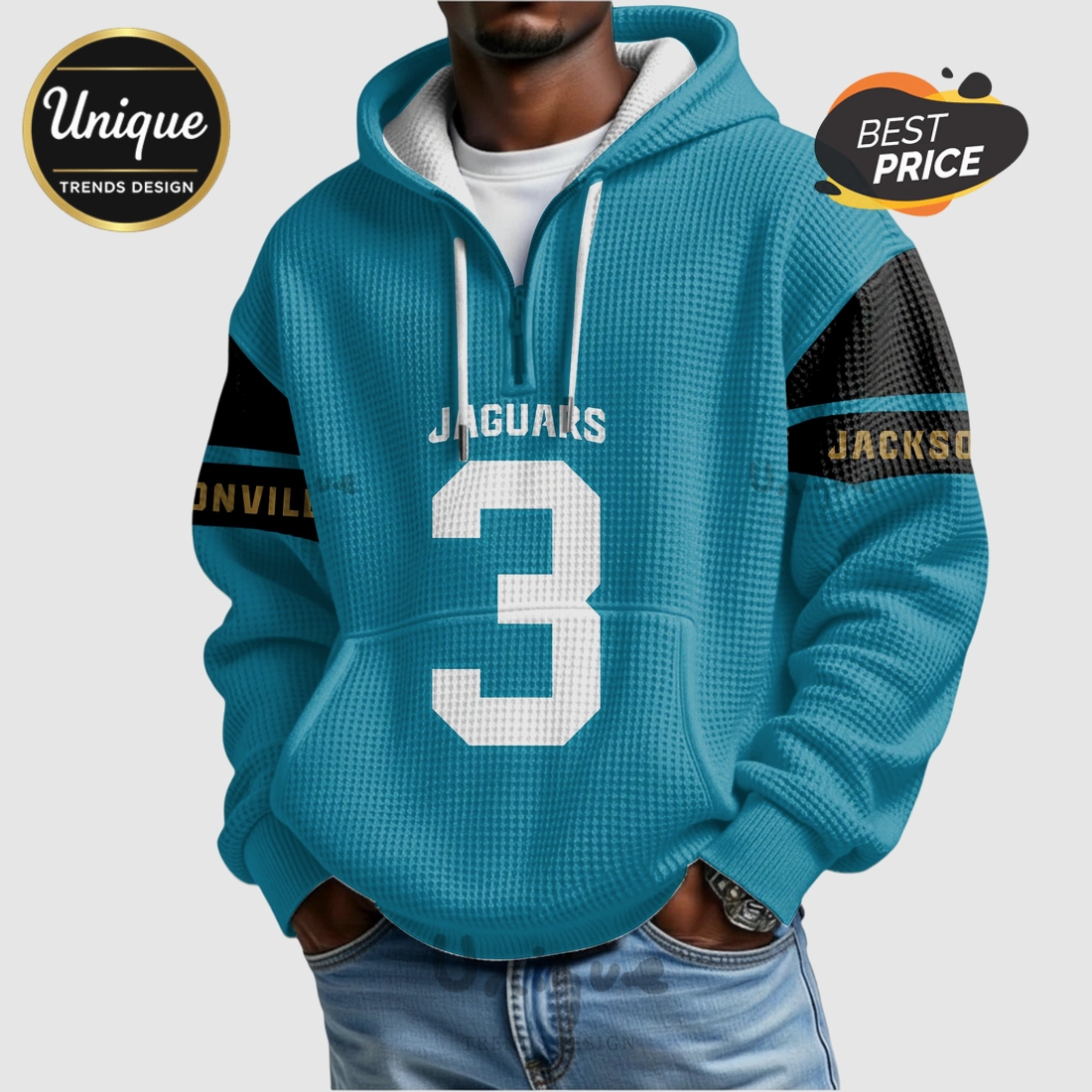 Jakobi Meyers Jacksonville Jaguars 3 Quarter Zip Waffle Hoodie Jakobi Meyers Jacksonville Jaguars 3 Quarter Zip Waffle Hoodie