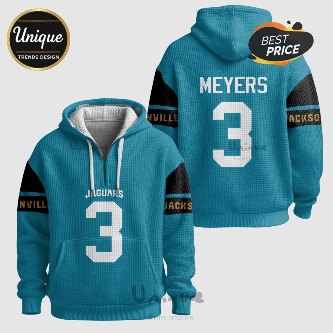 Jakobi Meyers Jacksonville Jaguars 3 Quarter Zip Waffle Hoodie Jakobi Meyers Jacksonville Jaguars 3 Quarter Zip Waffle Hoodie