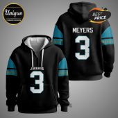 Front and back view of a black Jaguars hoodie with MEYERS and number 3. Turquoise and gold accents.!