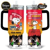 Customizable tumbler featuring Snoopy, Woodstock, Kansas City Chiefs theme, and Bud Light design.!