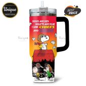 Tumbler with Snoopy, Woodstock, Charlie Brown, and Linus playing football; text reads Roses are red, Violets are blue, I love Chiefs and Bud Light.!