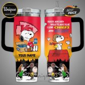 Tumbler featuring Snoopy, Woodstock, Peanuts characters, Chiefs logo, Bud Light, and customizable name.!