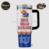 Rock Chalk Jayhawk tumbler featuring the KU logo and mascot with various college logos.!