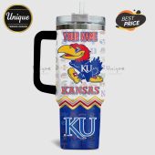 Personalized tumbler with Jayhawk mascot, KU logos, and space for your name!