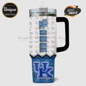 Tumbler with a University of Kentucky logo and 'Go Big Blue' text, plus various college sports logos.!