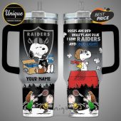 Las Vegas Raiders Snoopy Tumbler: 'Roses are Red' Poem, 40oz, featuring Snoopy, Raiders logo, and red roses.