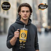 Pittsburgh Penguins hockey team logo on a yellow and black tumbler with a handle and straw.!