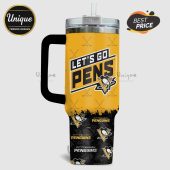 Pittsburgh Penguins themed tumbler with straw and handle, showcasing team logos and colors.!