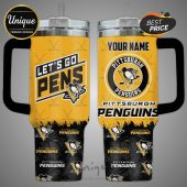 Pittsburgh Penguins insulated mug, featuring team logos and a 'Let's Go Pens' design.!