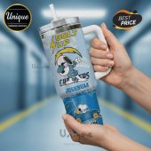 Tumbler featuring Snoopy in Chargers gear with 'Bolt Up' text and a personalized name.!