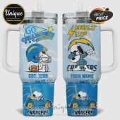 Los Angeles Chargers themed tumbler with Snoopy, 'Go Chargers' text, Bolt Up graphic, and car design.!