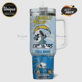 Tumbler featuring Snoopy in Chargers gear, Bolt Up text, and a customizable name field.!
