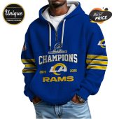 Blue hoodie with Rams logo, text: Champions, years 2025-2026, and NFL logo on the sleeve.!