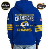 Blue hoodie with 'National Football Conference Champions' text, Rams logo and '2025-2026' years design.!
