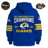Blue hoodie featuring 'National Football Conferences CHAMPIONS 2025 2026 RAMS' text and the LA Rams logo!