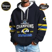 Navy zip-up hoodie with 'Champions,' 'Rams,' and the Los Angeles Rams logo in white and yellow.!