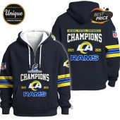 Navy zip-up hoodie with 'Champions', 'Rams', and '2025-2026' text and NFL logo on the sleeve.!