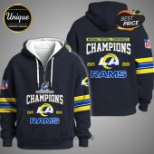 Los Angeles Rams Champions hoodie featuring the team logo, championship text, and 2025-2026 dates.!