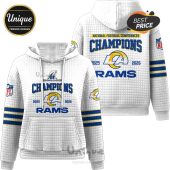 White hoodie with the text: 'National Football Conference Champions, Rams, 2025, 2026.' and the Rams logo.!