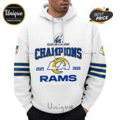 White hoodie with 'Champions', 'Rams', and years 2025 & 2026 text and logos printed on it.!