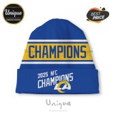 Blue beanie hat with 'CHAMPIONS' and '2025 NFC CHAMPIONS' text plus a Los Angeles Rams logo.!