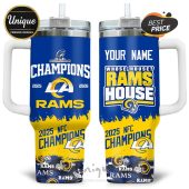 Personalized Los Angeles Rams 2025 NFC Champions travel mug for the ultimate fan.