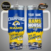 Personalized LA Rams 2025 NFC Champions travel mug. Perfect fan gift for celebrating their Super Bowl journey!