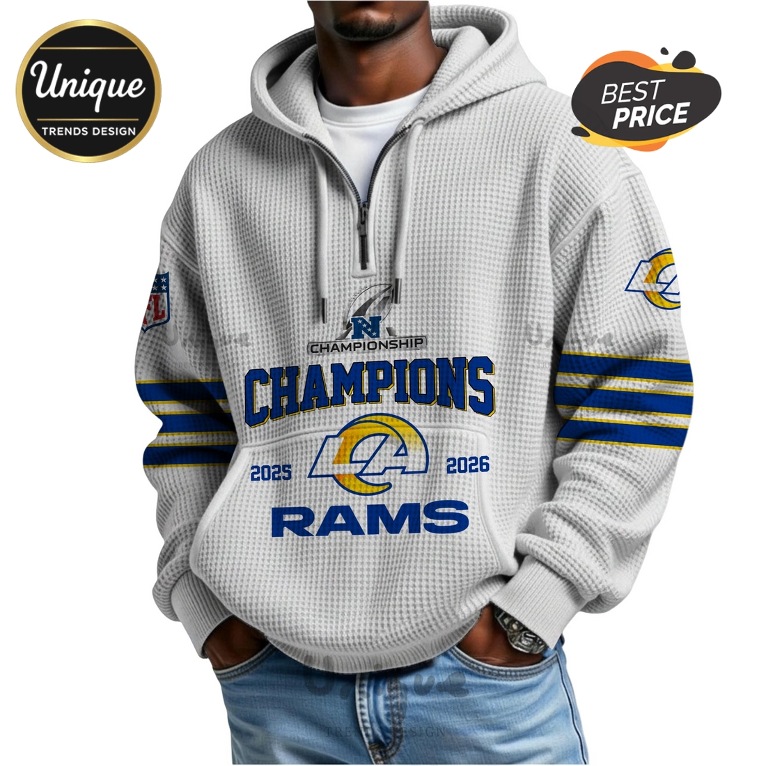 Los Angeles Rams 2026 Champions Commemorative Zip Waffle Hoodie Los Angeles Rams 2026 Champions Commemorative Zip Waffle Hoodie