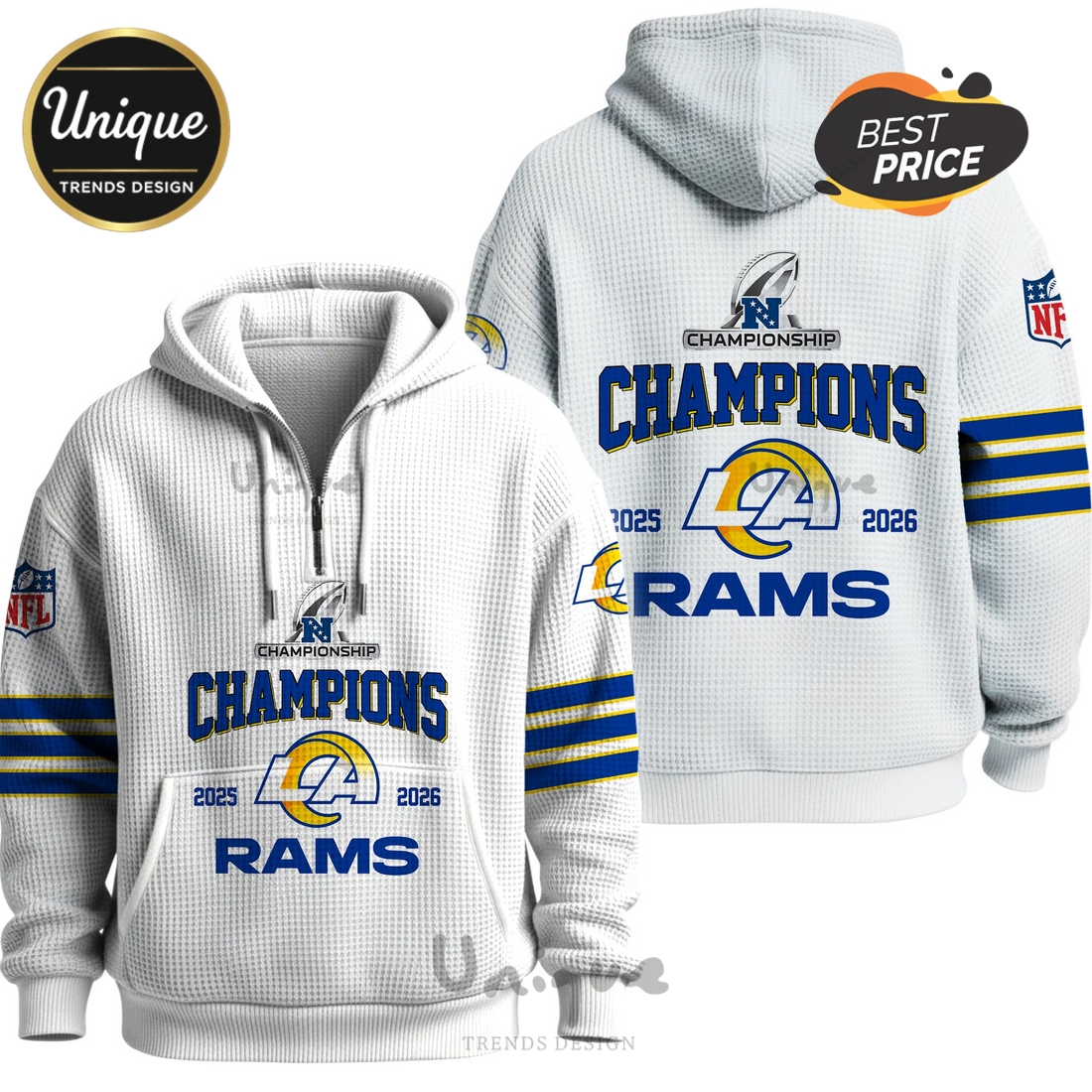Los Angeles Rams 2026 Champions Commemorative Zip Waffle Hoodie Los Angeles Rams 2026 Champions Commemorative Zip Waffle Hoodie