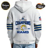 White hoodie with 'Champions', 'Rams', years 2025-2026, and NFL championship logo design on the back.!